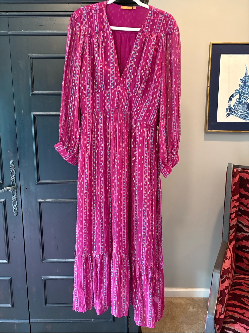 Oliphant Fuchsia Printed V-Neck Long Sleeve Maxi Dress